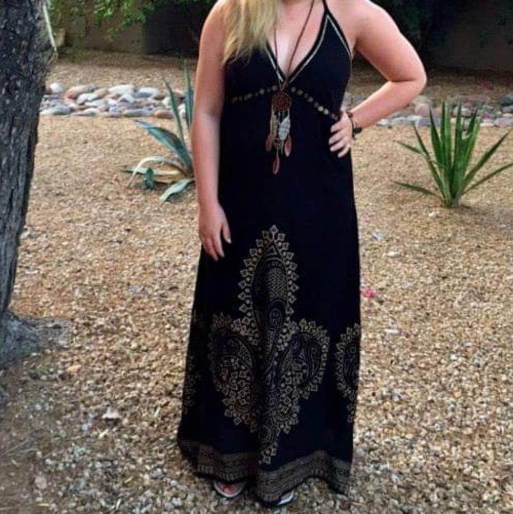 Boho Black Maxi Dress with Gold Coin Detail